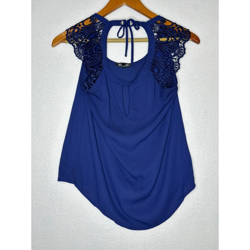 EXPRESS Navy Blue Lace Shoulder Sleeveless Keyhole Blouse XS